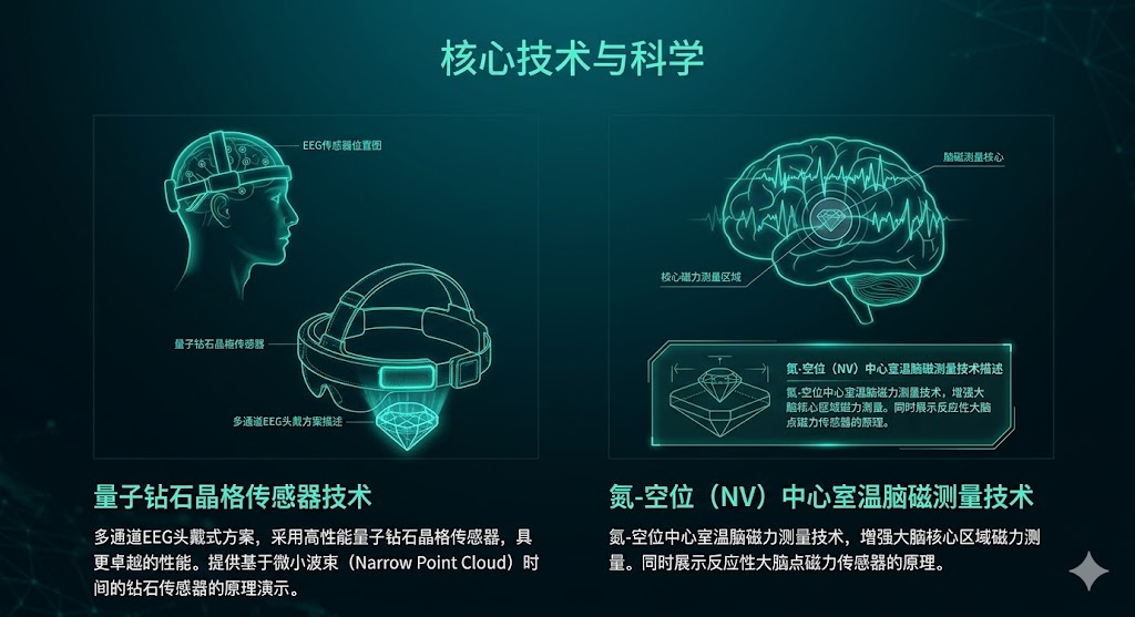 量子传感与EEG算法核心技术与科学示意图